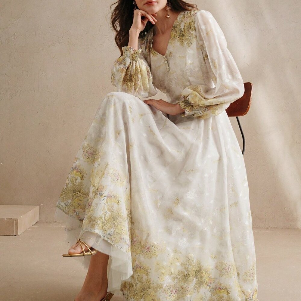 Multicolor Elegant Women's V-Neck Floral Print Sleeve Cottagecore Dress